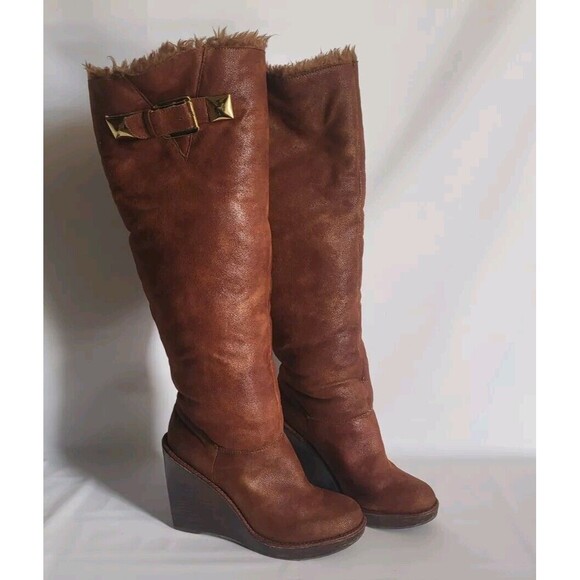 Michael Kors Calista Vicuna Distressed Suede High Knee Faux Fur Boots Size 7.5M - Picture 3 of 12